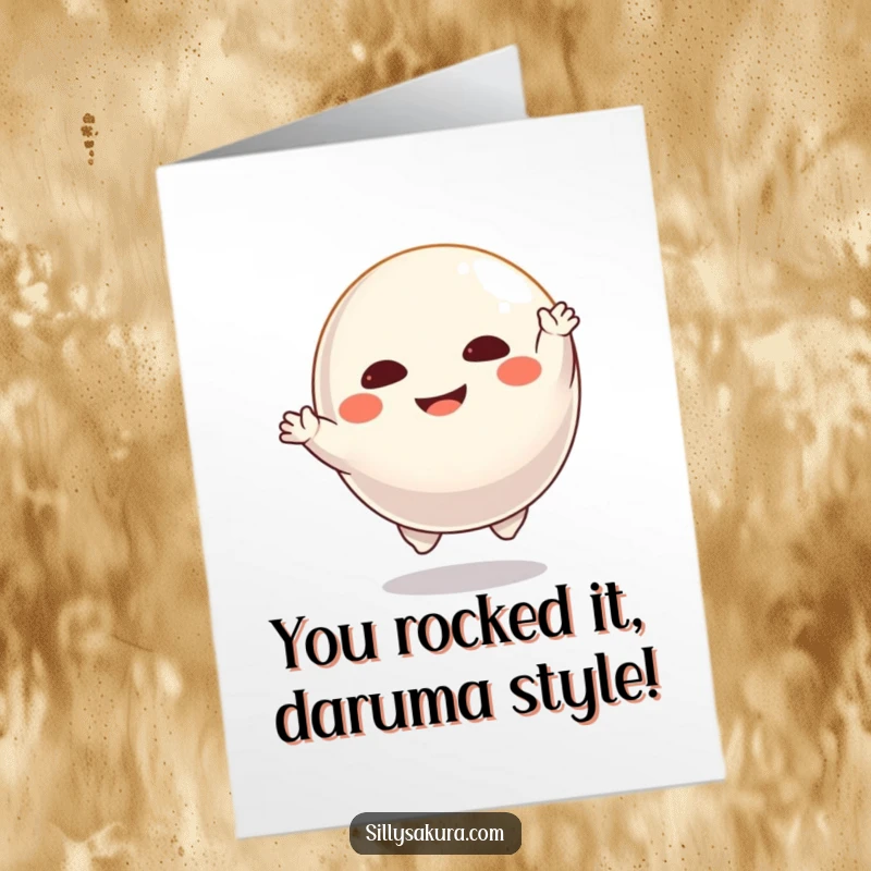 Funny Free Printable Congratulations Card: Floating Daruma doll character joyfully imitating a dancing pose, celebrating your win.