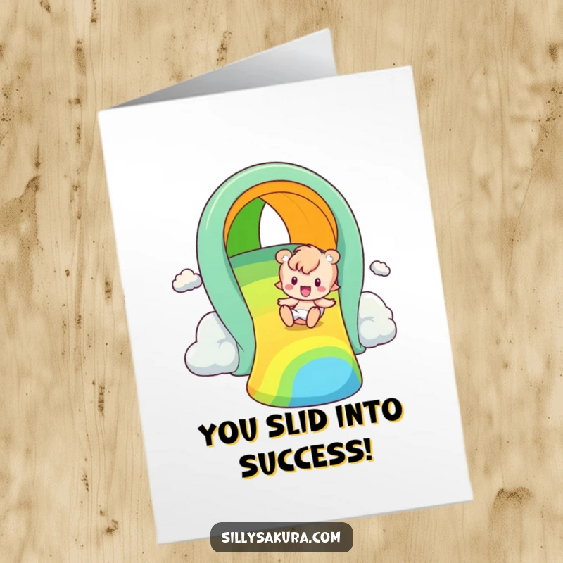 Funny Free Printable Congratulations Card: A character slides down a rainbow, beaming with happiness and accomplishment.