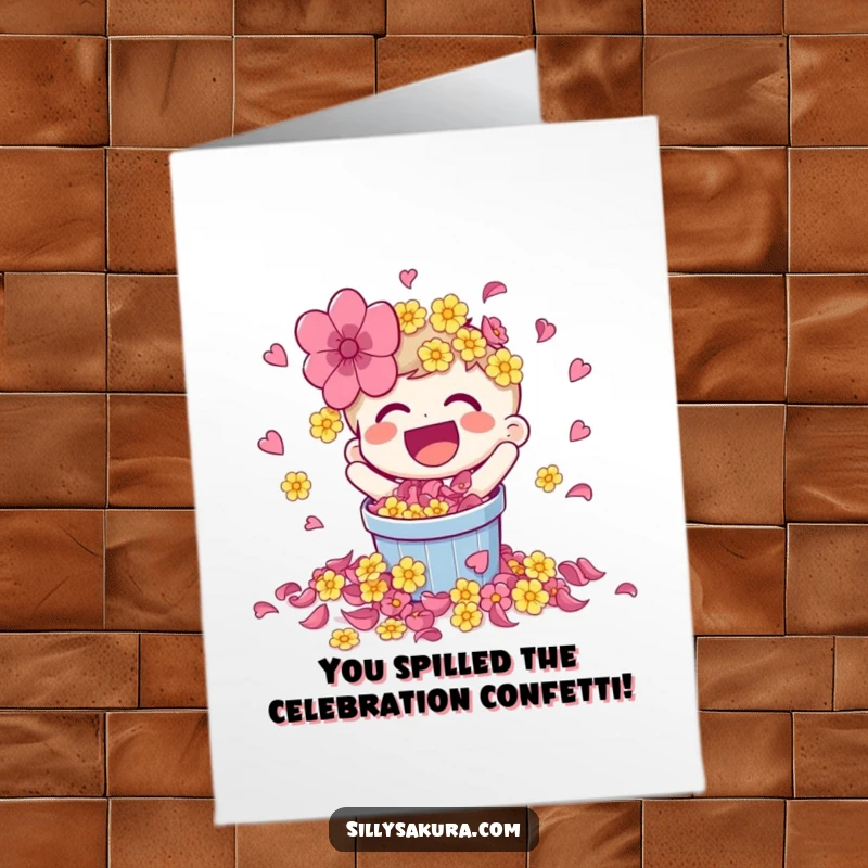 Funny Free Printable Congrats Card with a laughing character spilling a bucket of bright flower petals to celebrate an achievement.