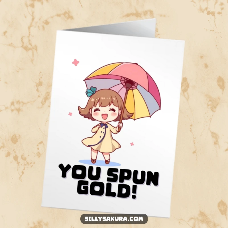Funny Free Printable Congratulations Card: A character joyfully twirls a bright parasol, celebrating success with infectious energy.