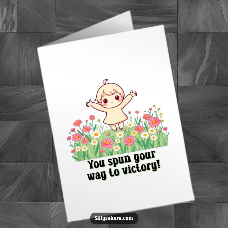 Funny Free Printable Congratulations Card: A cute character spins with arms spread wide in a flower field, celebrating.