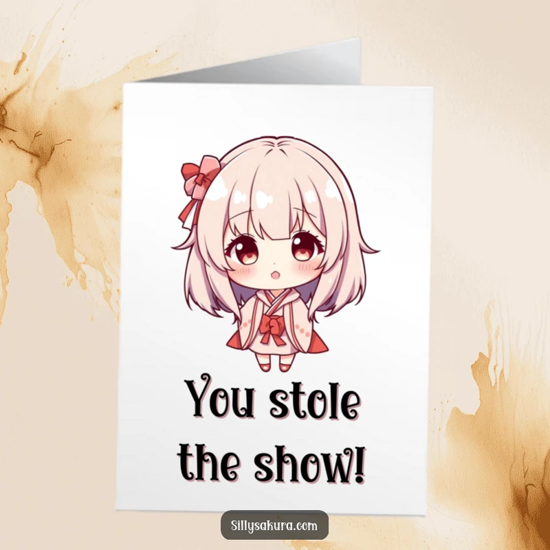 Funny free printable congratulations card featuring a character playfully sporting a tiny Maiko wig, celebrating an achievement.