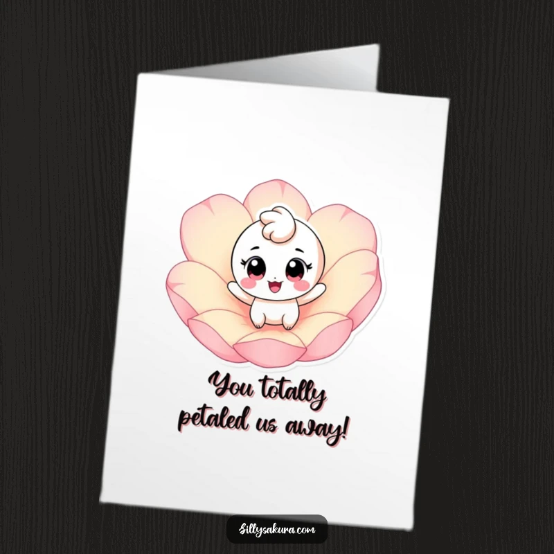 Funny Free Printable Congrats Card showing a cheerful character with big eyes bouncing on a giant pink petal, celebrating success.