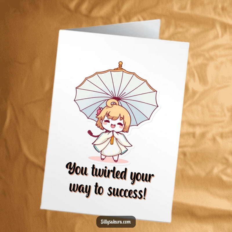 Funny Free Printable Congrats Card: A cheerful Kawaii character joyfully twirling a decorative umbrella, celebrating success.
