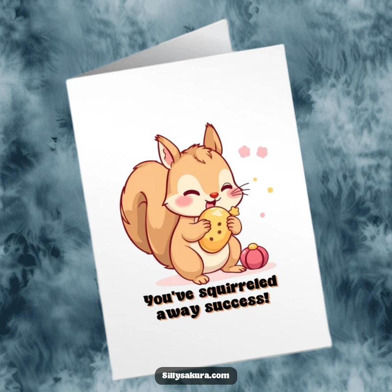 Funny Free Printable Congratulations Card, a tiny squirrel hiding a festival treat with excitement, celebrating a win