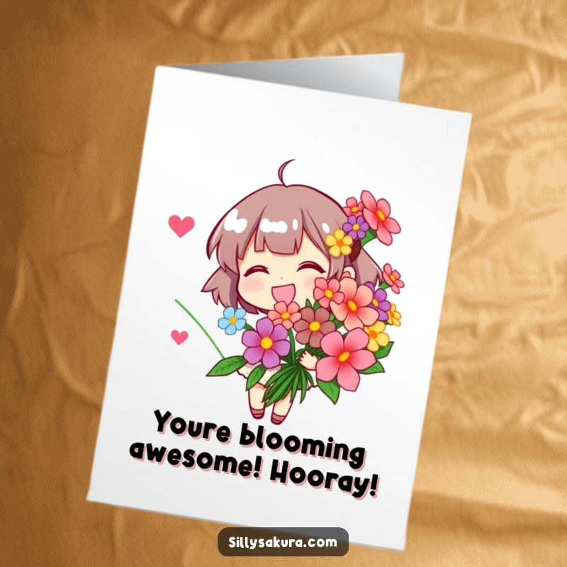 Funny Free Printable Congratulations Card showing a character delightedly holding a bouquet of bright, stylized flowers, signifying growth and achievement.