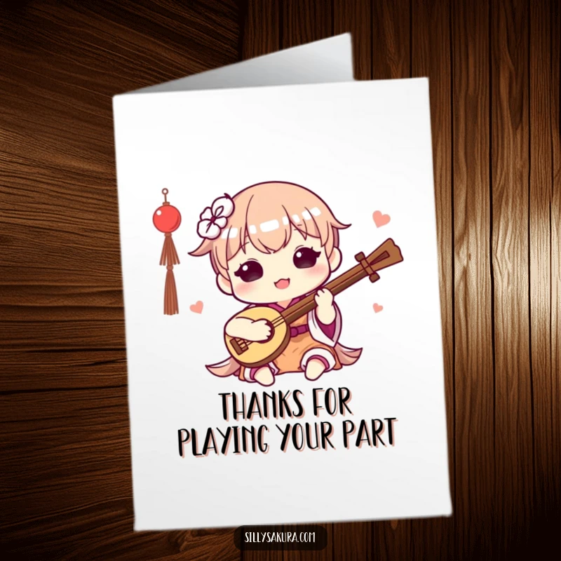 Funny Free Printable Kawaii thank you card, a cute character happily playing a small traditional instrument, showing gratitude humorously.