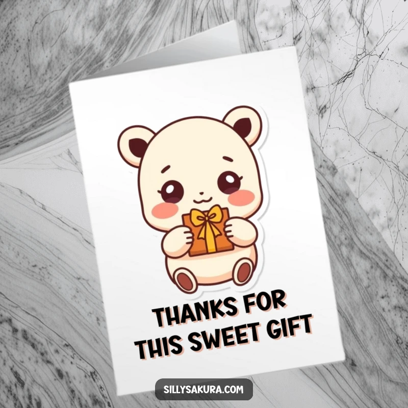 Funny Free Printable Thank You Card: A small character with ecstatic, beaming eyes holding out a precious handmade gift.