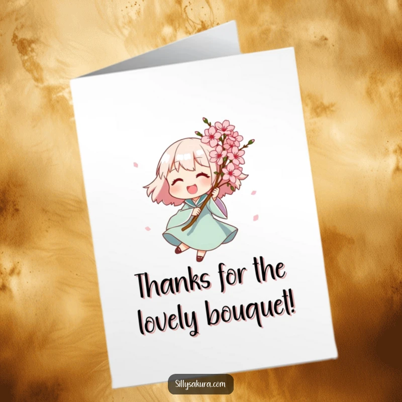 Funny Free Printable Thank You Card: Joyful character spinning holding pink blossoms, great for DIY thanks.