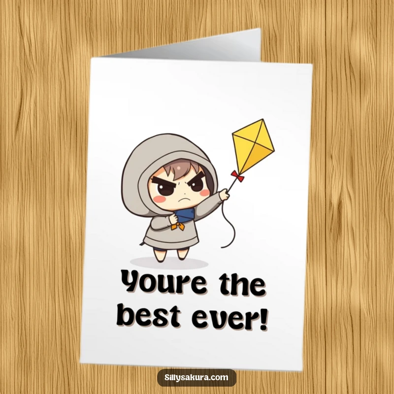 Funny Free Printable Thank You Card: A character frowning determinedly attempts to launch a small kite into the wind.
