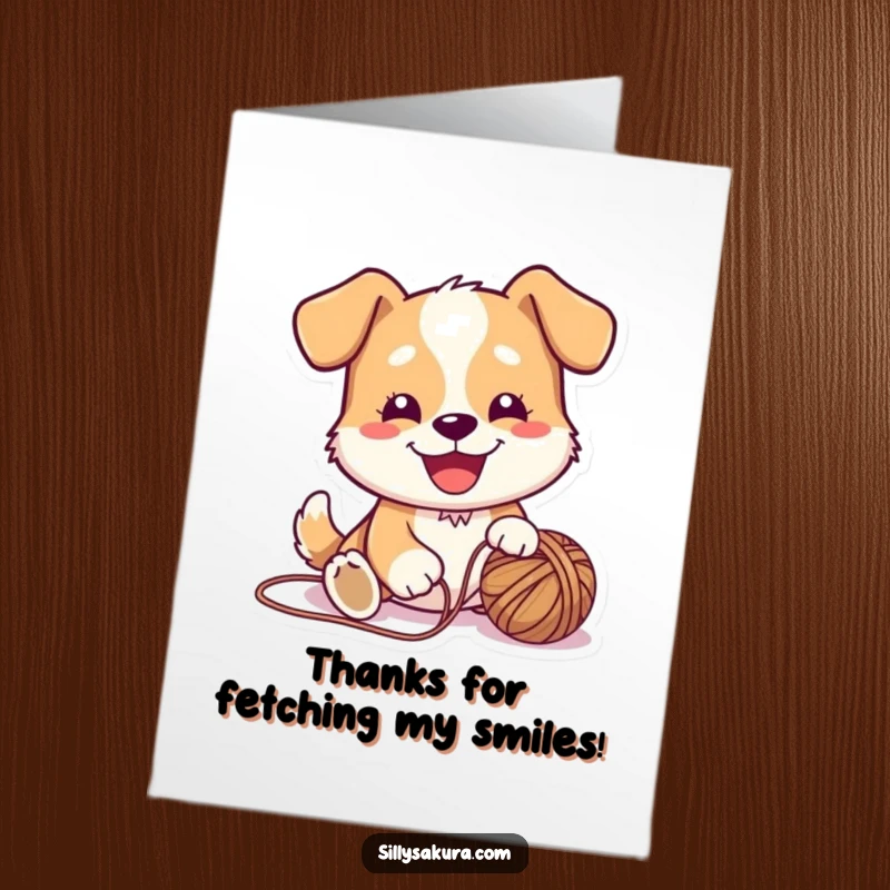 Funny Free Printable Thank You Card: Cute dog with a joyful expression tangling happily with a yarn ball.
