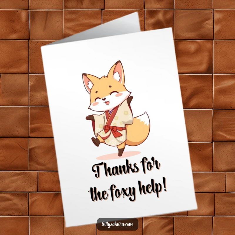 Funny Free Printable Thank You Card: A fox in a kimono does a cartwheel to express thanks.