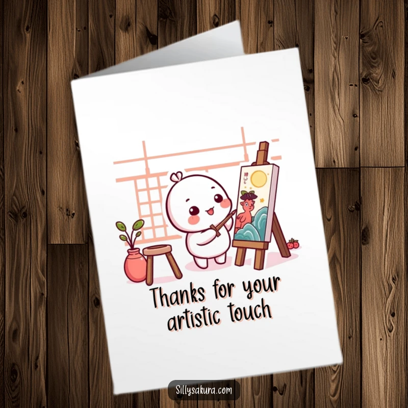 Funny Free Printable Thank You Card: A small, round Kawaii character happily painting, expressing thanks.