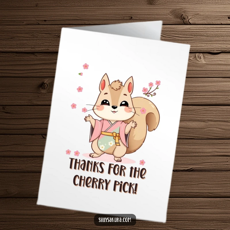 Funny Free Printable Thank You Card: Squirrel in kimono juggling blossoms, a unique way to say thanks.