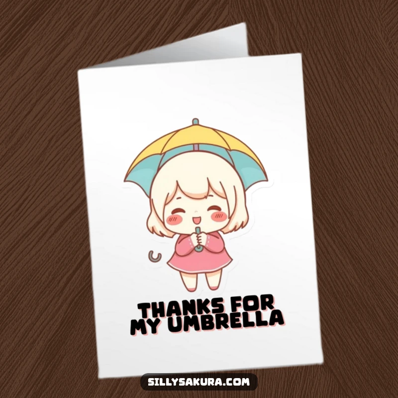 Funny Free Printable Thank You Card: A character with rosy cheeks giggles holding a tiny umbrella, a cute and downloadable way to say thanks.