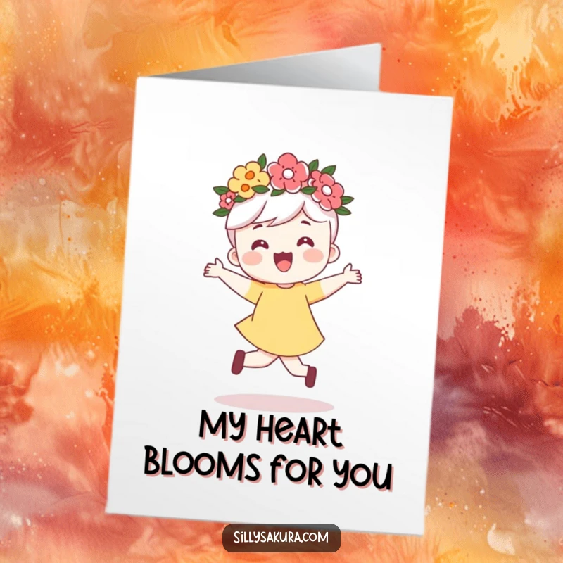 Funny Free Printable Thank You Card: Cute character in a flower crown happily skips, showing gratitude.