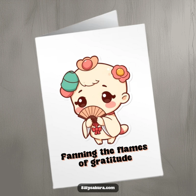 Funny Free Printable Thank You Card: Kawaii character elegantly poses with a fan, a delightful flutter effect.