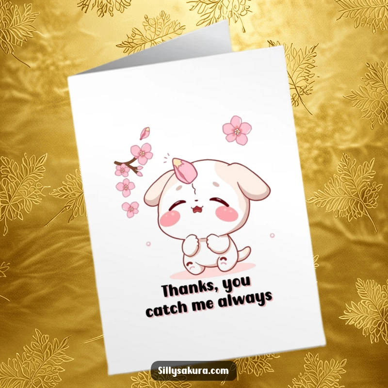 Funny Free Printable Thank You Card: Character comically fails to catch a falling sakura petal on its nose, sending thanks.