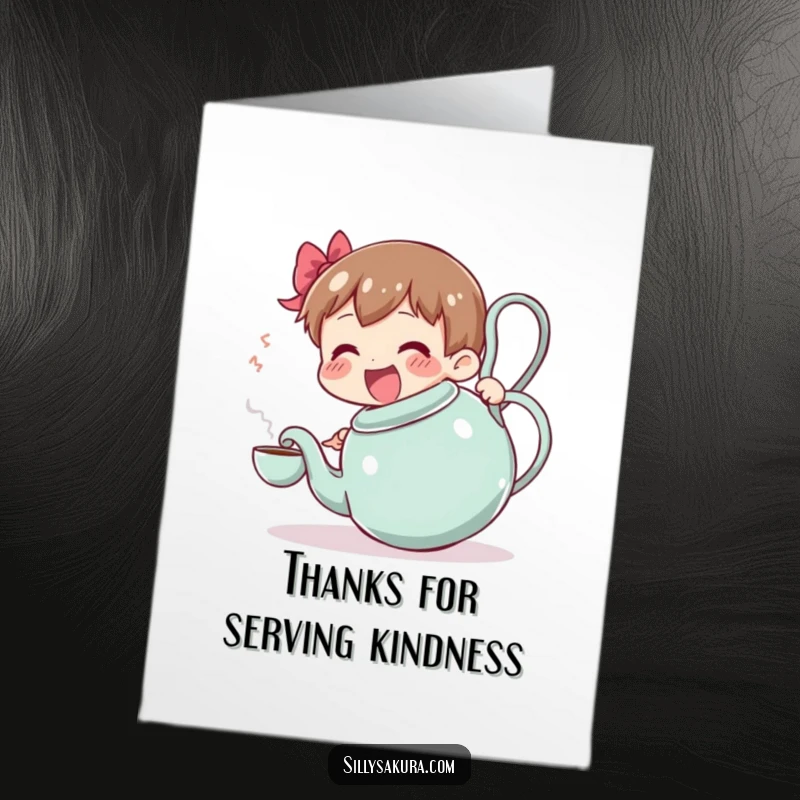 Funny Free Printable Thank You Card: Joyful character comically tries to serve tea from a large, wobbling teapot, sending thanks.