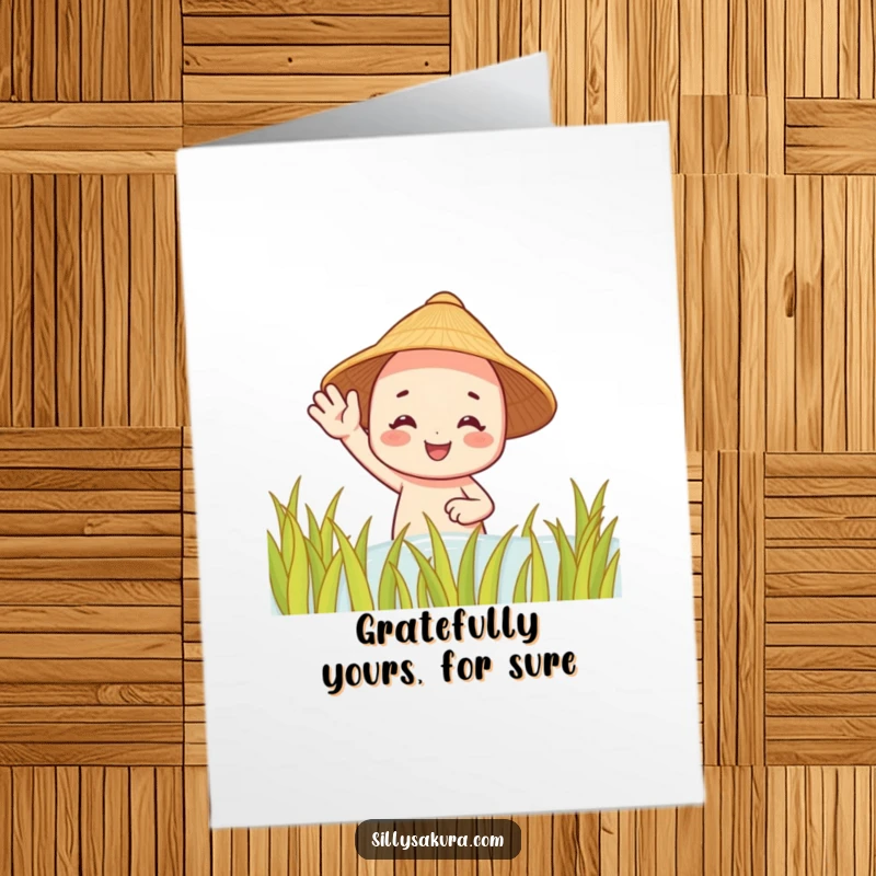 Funny Free Printable Thank You Card: Smiling character in a straw hat waves from a lush rice paddy, offering thanks.
