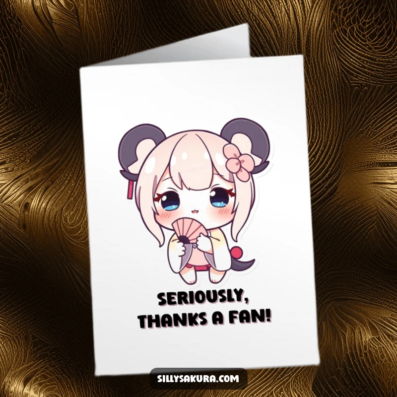 Funny Free Printable Thank You Card: A shy character with a blush offers a tiny fan, a sweet and humorous token of appreciation.