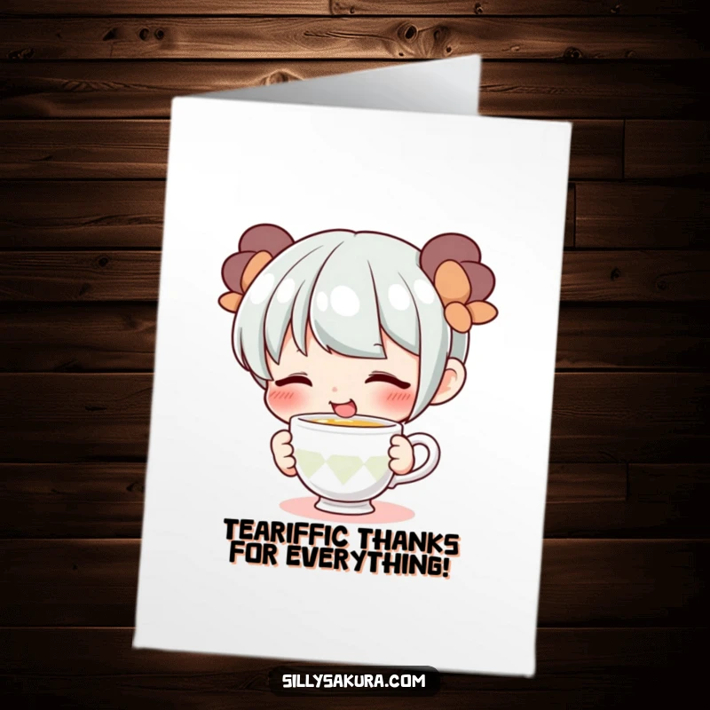 Funny Free Printable Thank You Card with a cute character smiling widely while playfully sipping from a tiny teacup, filled with gratitude.