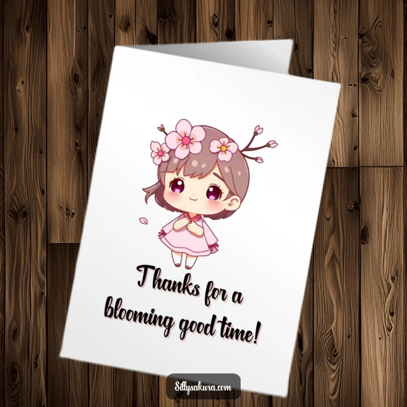 Funny Free Printable cherry blossom character with petals drifting in the wind, offering a peaceful and beautiful thank you.