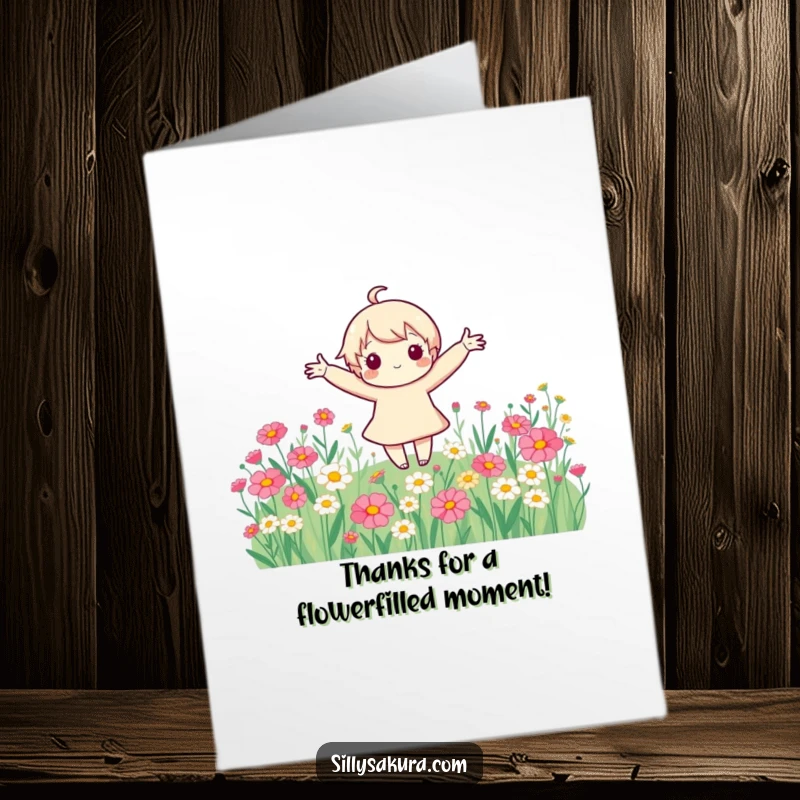 Funny Free Printable Thank You Card: A cute character spins joyfully with arms spread wide in a flower field, saying thanks.