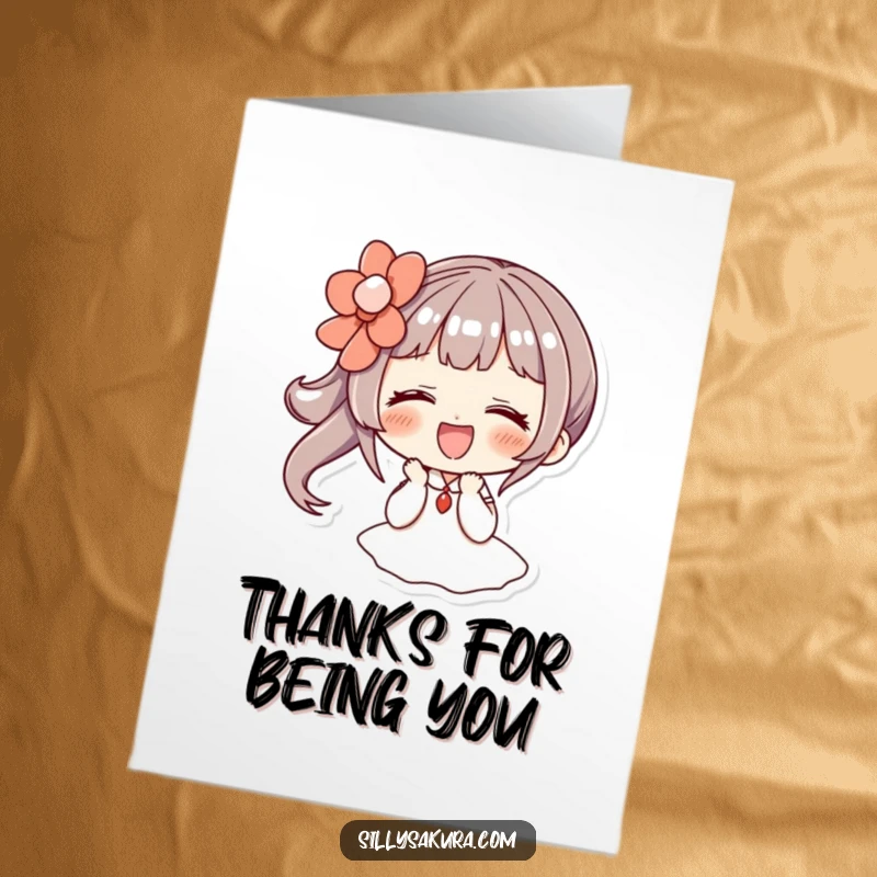 Funny Free Printable Thank You Card: Character giggling while wearing a large, decorative hairpin, conveying sincere thanks.