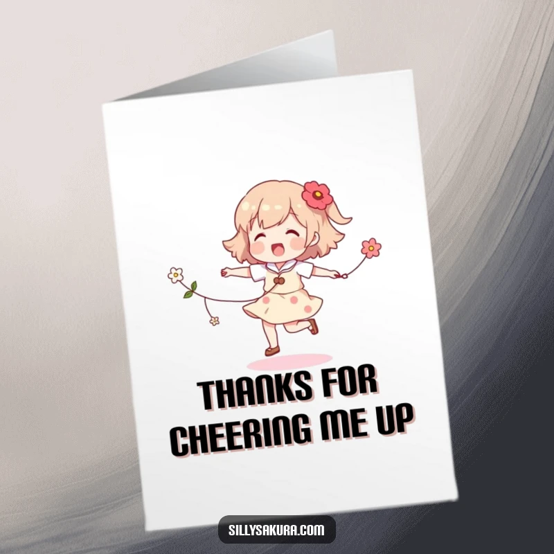 Funny Free Printable Thank You Card: A character cheerfully skips rope with a garland of flowers, a joyful thank you.