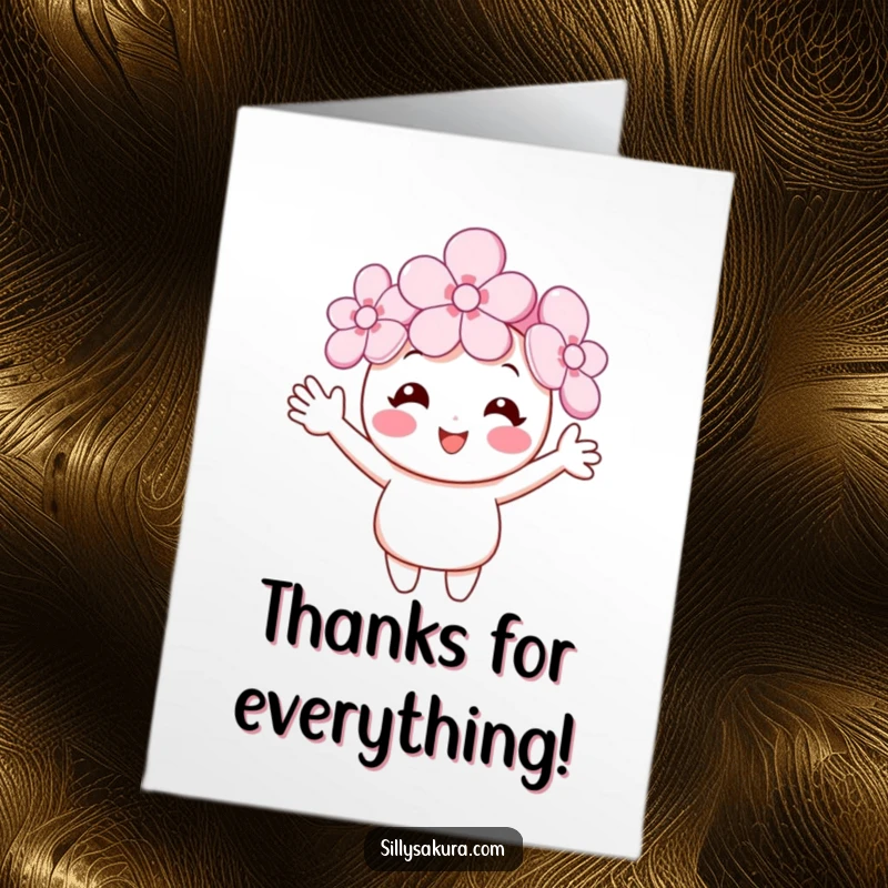 Funny Free Printable Thank You Card: Smiling cherry blossom character waving, sending thanks. A sweet hello.