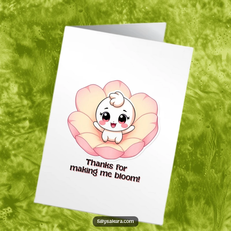 Funny Free Printable Thank You Card with a cheerful character and big eyes bouncing on a giant pink petal, conveying thanks.