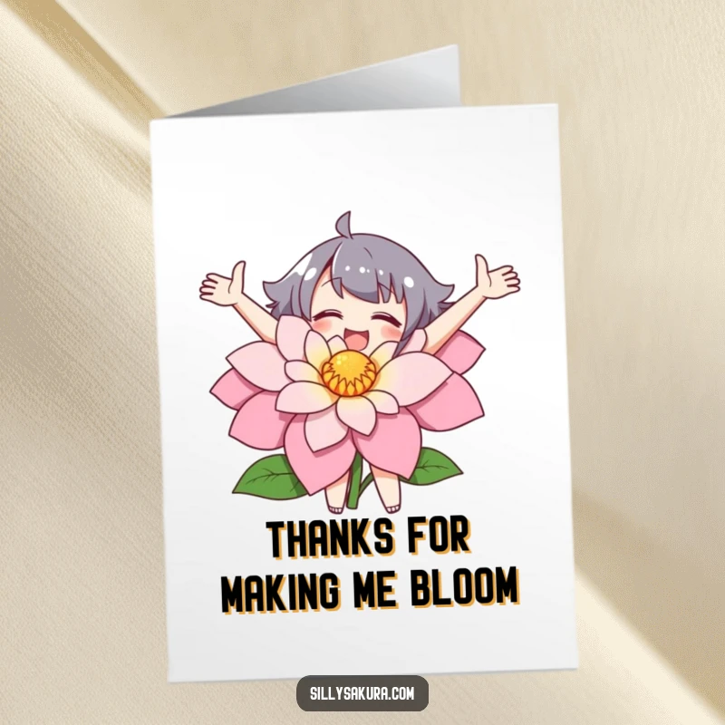 Funny Free Printable Thank You Card: A character joyfully embraces a large flower with outstretched arms, a sweet downloadable way to say thanks.