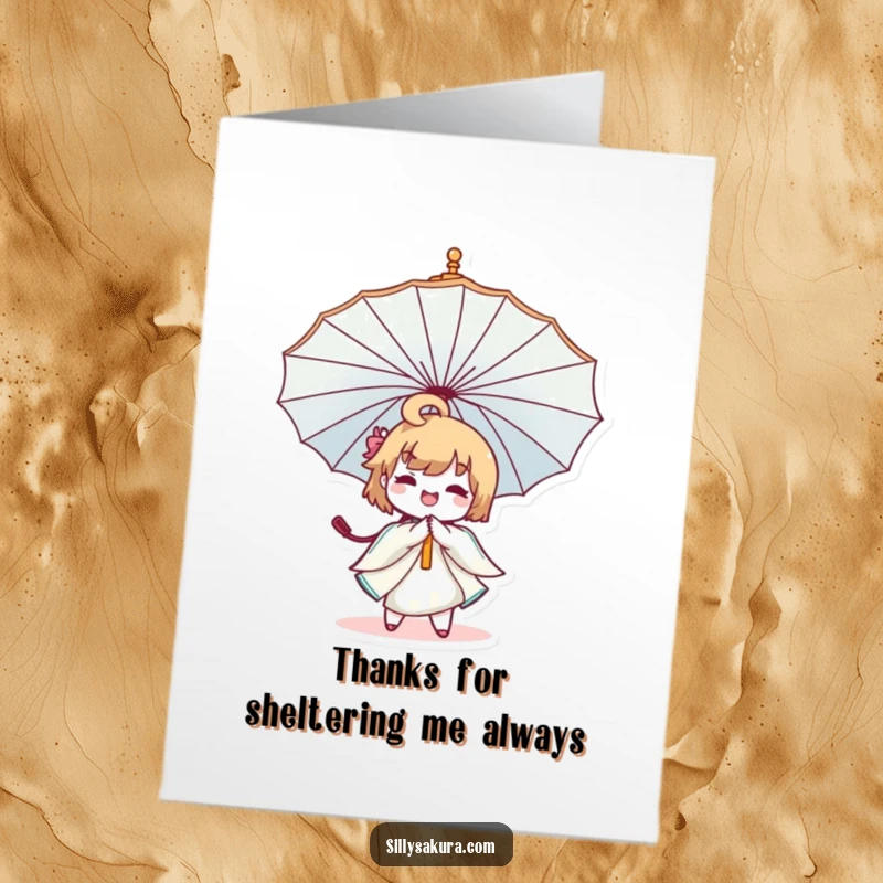 Funny Free Printable Thank You Card: A happy Kawaii character twirling a decorative umbrella, conveying sincere thanks.