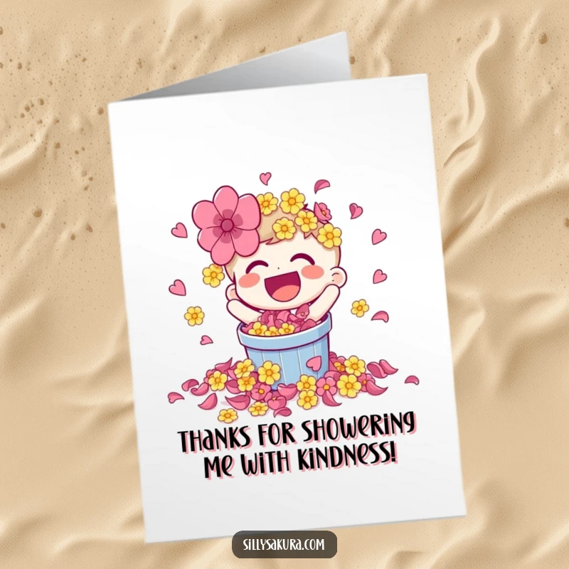 Funny Free Printable Thank You Card where a laughing character spills a bucket of bright flower petals, conveying thanks with joy.