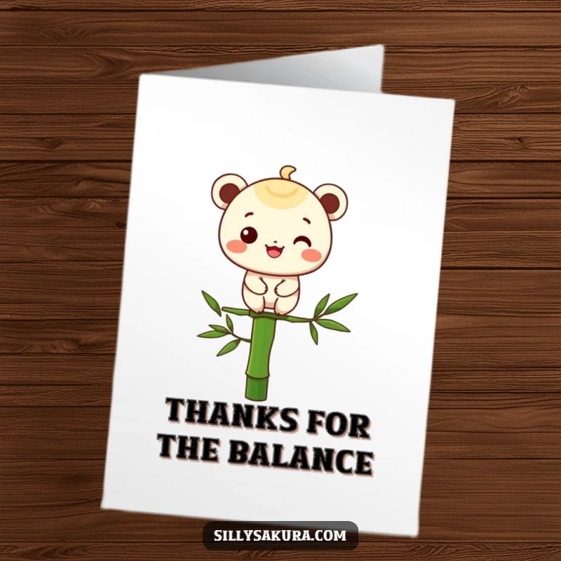 Funny Free Printable Thank You Card: A character grinning while maintaining perfect balance on a single bamboo stalk.