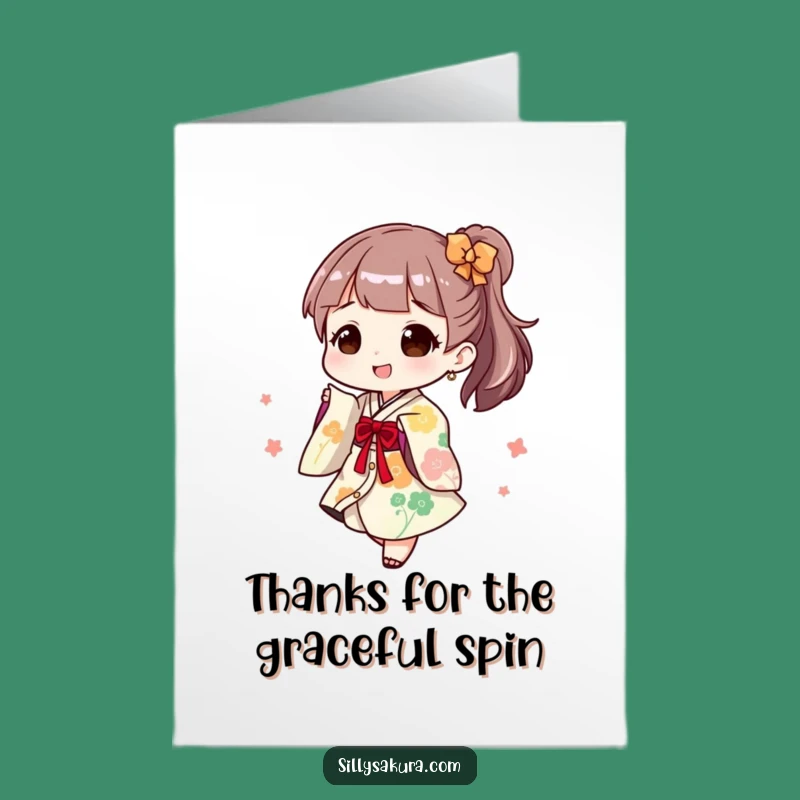 Free Printable Thank You Card: Joyful Kimono Twirl, a funny downloadable gift for expressing thanks!