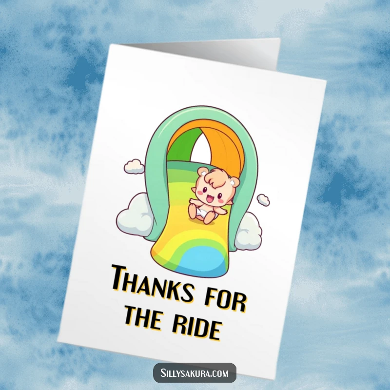 Funny Free Printable Thank You Card: A character slides down a rainbow, spreading smiles and thanks.