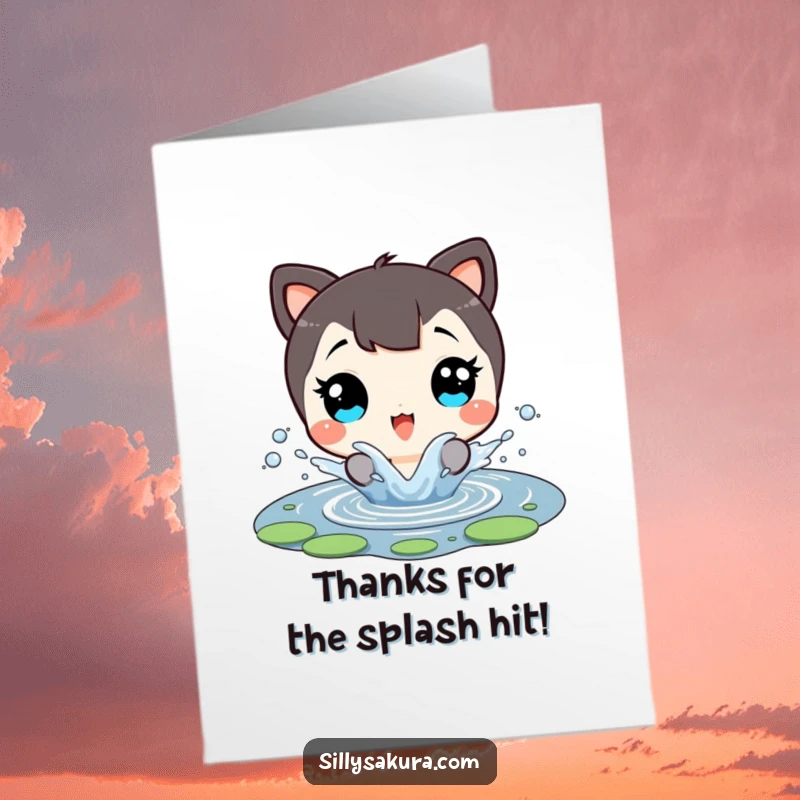 Funny Free Printable Thank You Card: Character with delighted eyes splashing in a pond, expressing thanks.