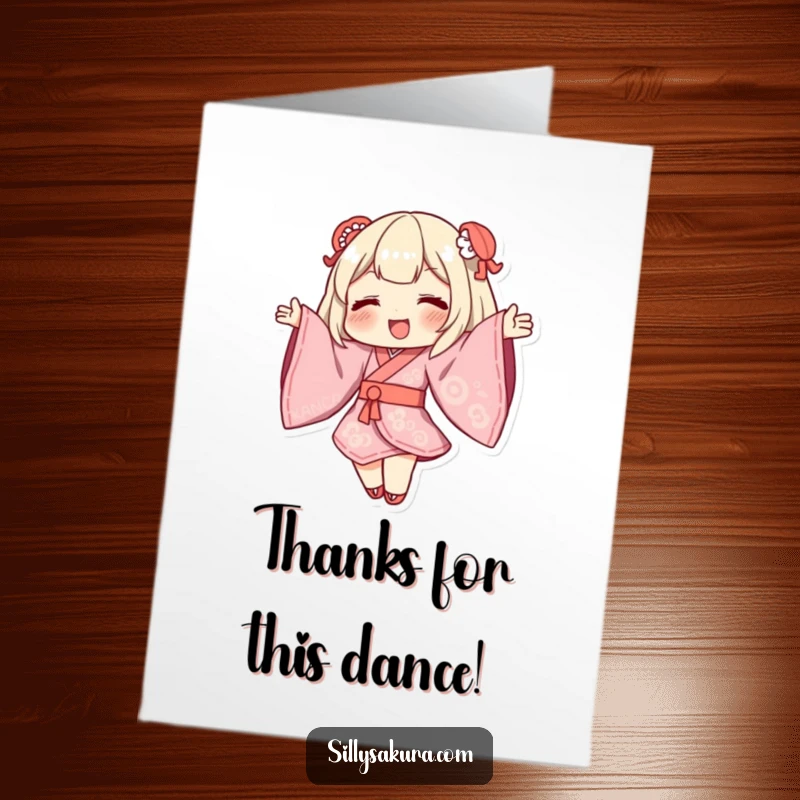 Funny Free Printable Kimono character dancing elegantly, sleeves flowing, conveying sincere and graceful appreciation.