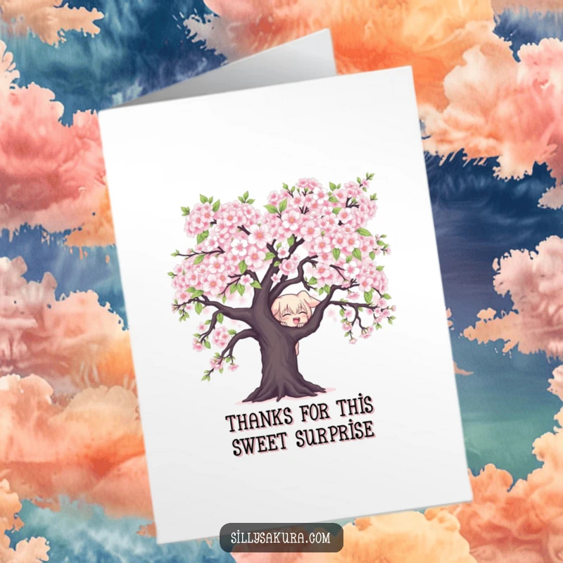 Funny free printable thank you card with a mischievous character peeking from behind a large, blooming cherry blossom tree.