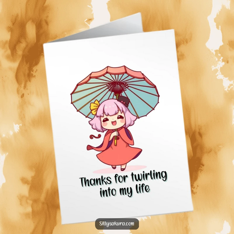 Funny Free Printable Thank You Card: Adorable Kawaii character joyfully twirling a decorative umbrella, sending thanks with a happy flourish.