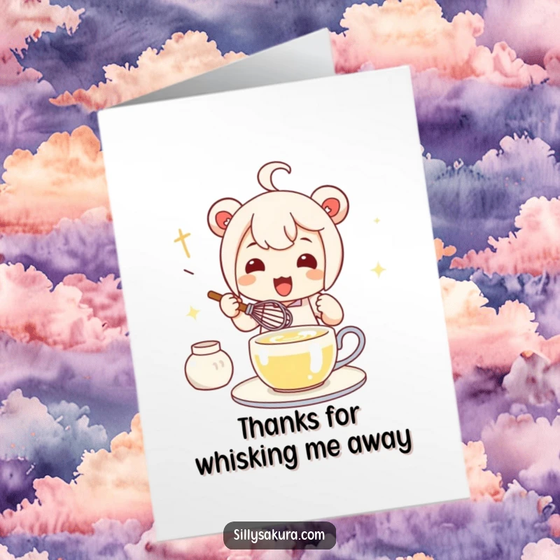 Funny Free Printable Thank You Card: A cute Kawaii character enthusiastically preparing tea, expressing thanks.