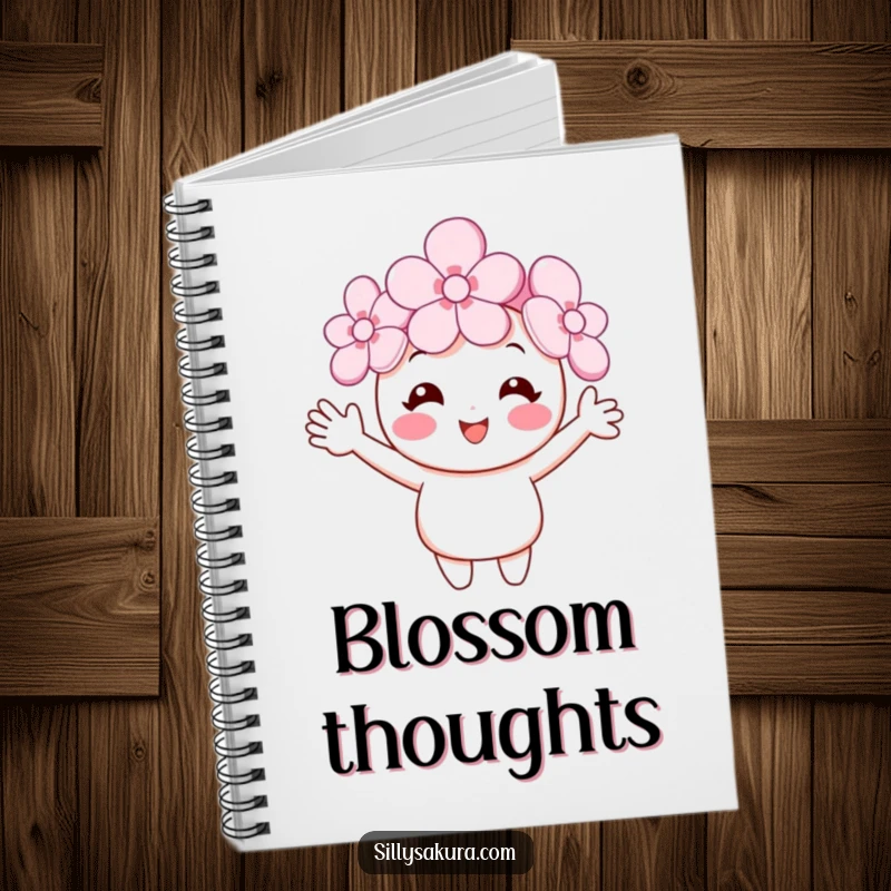 Funny cherry blossom notebook with a character waving tiny arms, perfect for note-taking, journaling, and capturing spring ideas with a humorous touch.