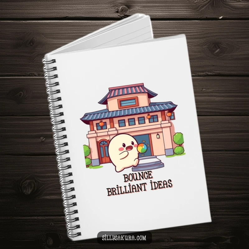 Funny Notebook with a rounded character playfully bouncing a colorful ball against a building, perfect for notes.