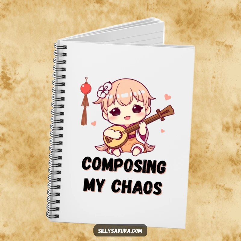 Funny Kawaii Notebook. A cute character happily plays a small traditional instrument, perfect for jotting down notes and tunes.