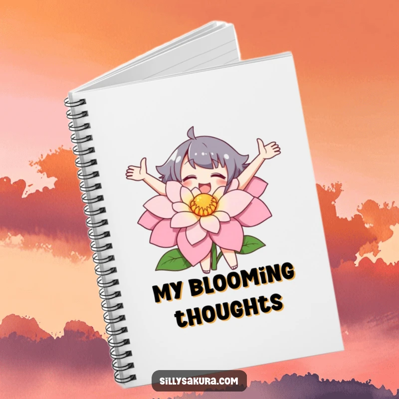 Funny notebook with a character joyfully embracing a large flower, ideal for note-taking.