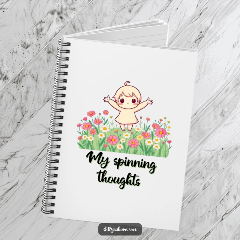 Funny cute character with arms spread wide, spinning joyfully in a field of colorful flowers, featured on the cover of a notebook.