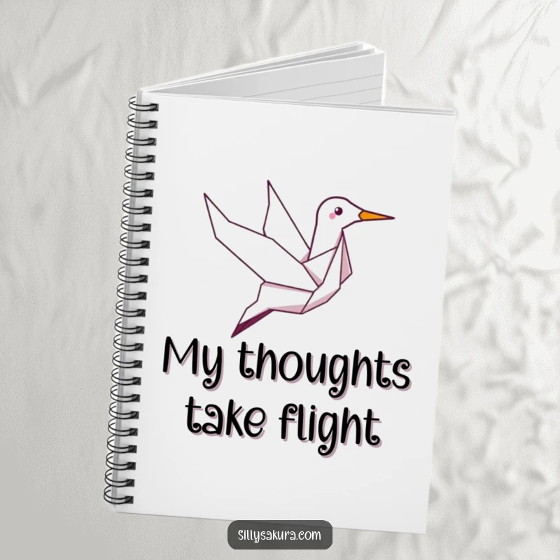Funny notebook with a giggling origami crane character in flight on the cover, perfect for jotting down humorous thoughts and ideas.