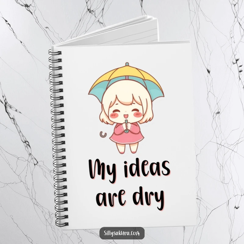 Funny notebook with a small, rosy-cheeked character giggling while holding a tiny umbrella, ideal for note-taking.
